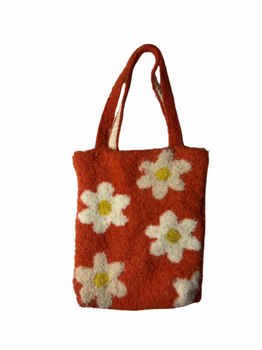 Free People Orange Daisy Fuzzy Tote Bag Retro Floral Cottagecore Shoulder Bag